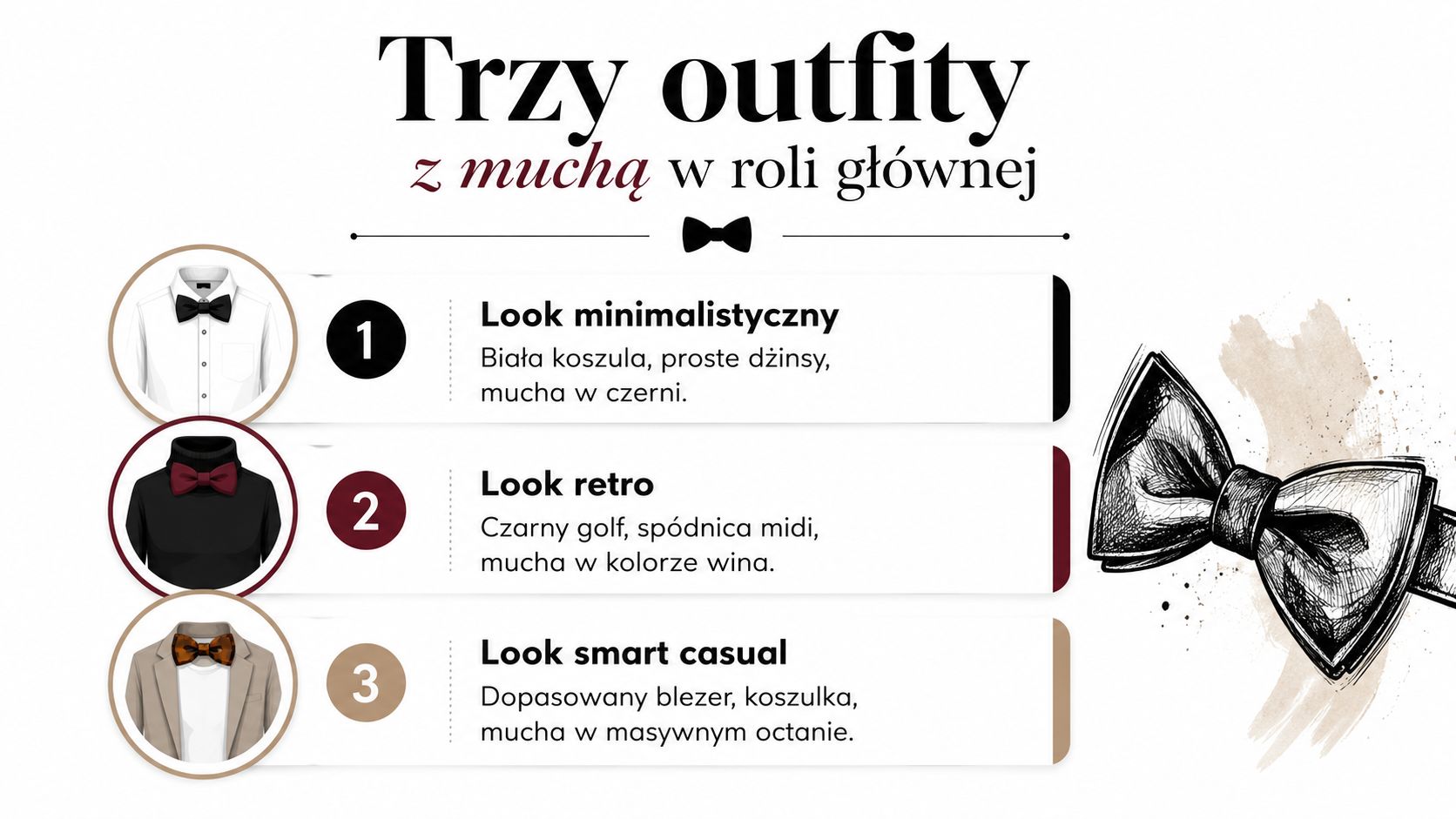 Grafika przedstawiająca trzy modne stylizacje z użyciem muchy, w tym zestawienia minimalistyczne, retro oraz smart casual.