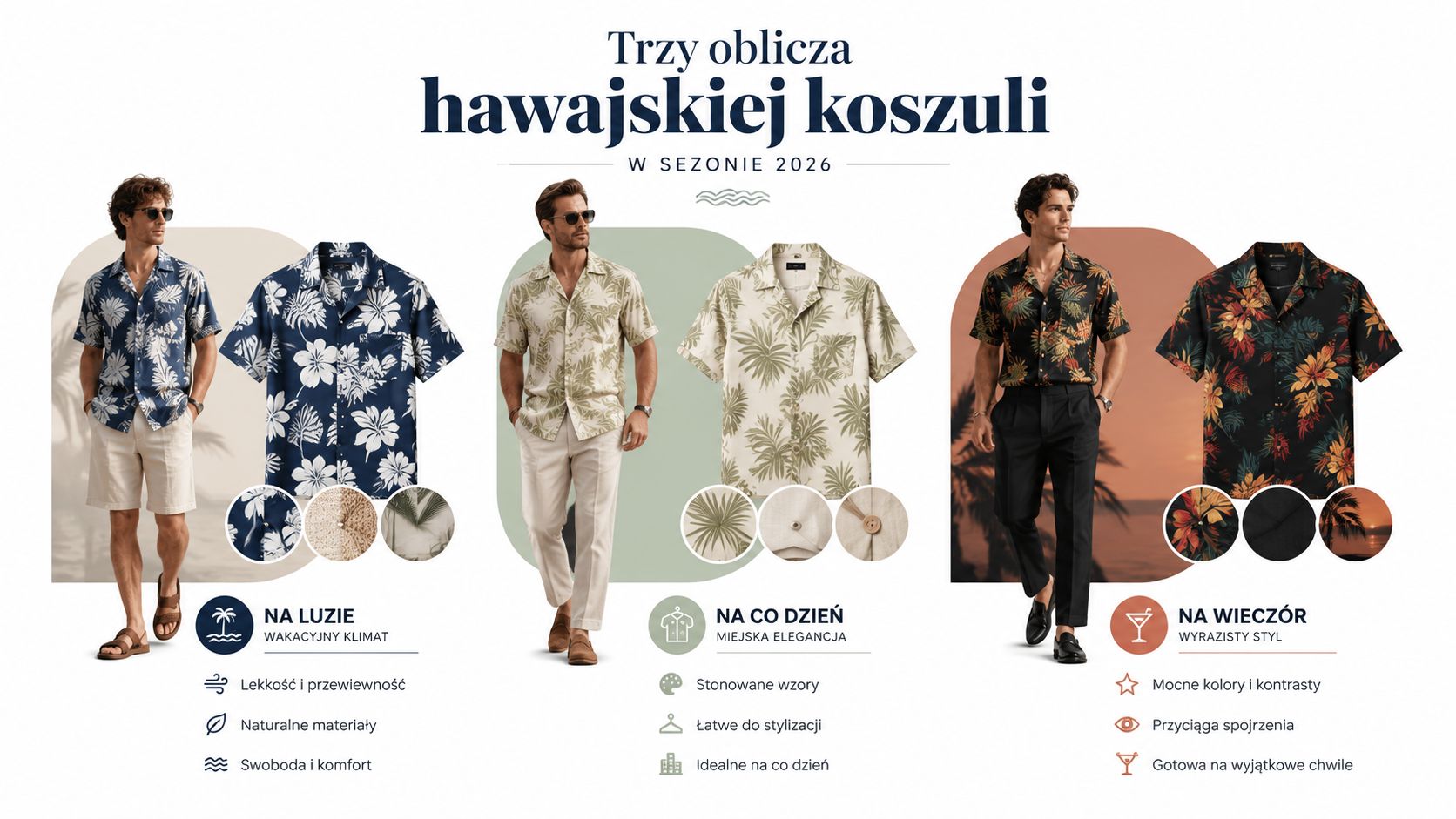 Trzy męskie stylizacje z koszulami hawajskimi na sezon 2026 w wydaniu wakacyjnym, codziennym oraz wieczorowym.