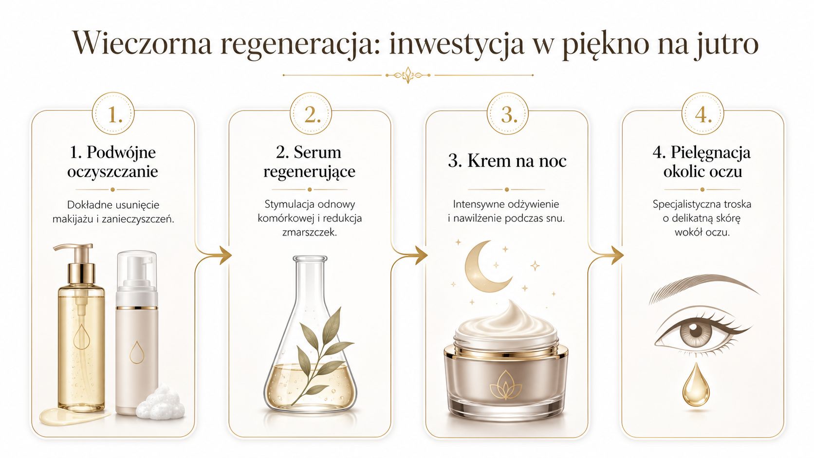 Czteroetapowa wieczorna rutyna pielęgnacji cery dojrzałej z użyciem preparatów oczyszczających, serum regenerującego, kremu na noc i pielęgnacji oczu.