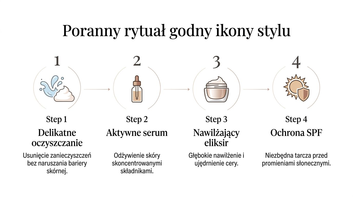 Grafika przedstawiająca czterostopniowy poranny rytuał pielęgnacji cery, obejmujący oczyszczanie, nakładanie serum, nawilżanie oraz ochronę przeciwsłoneczną SPF.