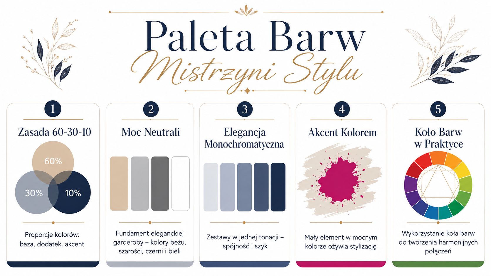 Infografika przedstawiająca pięć kluczowych zasad łączenia kolorów w modzie dla osiągnięcia eleganckiego i stylowego wyglądu codziennego.
