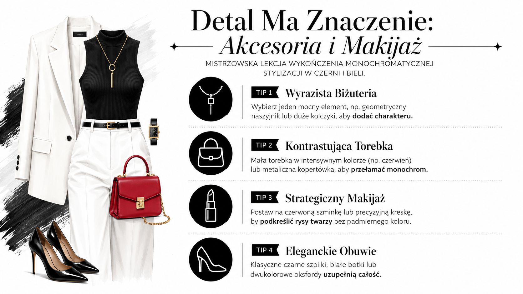 Elegancka czarno-biała stylizacja z czerwonymi dodatkami oraz cztery porady modowe dotyczące akcesoriów i makijażu dla kobiet.
