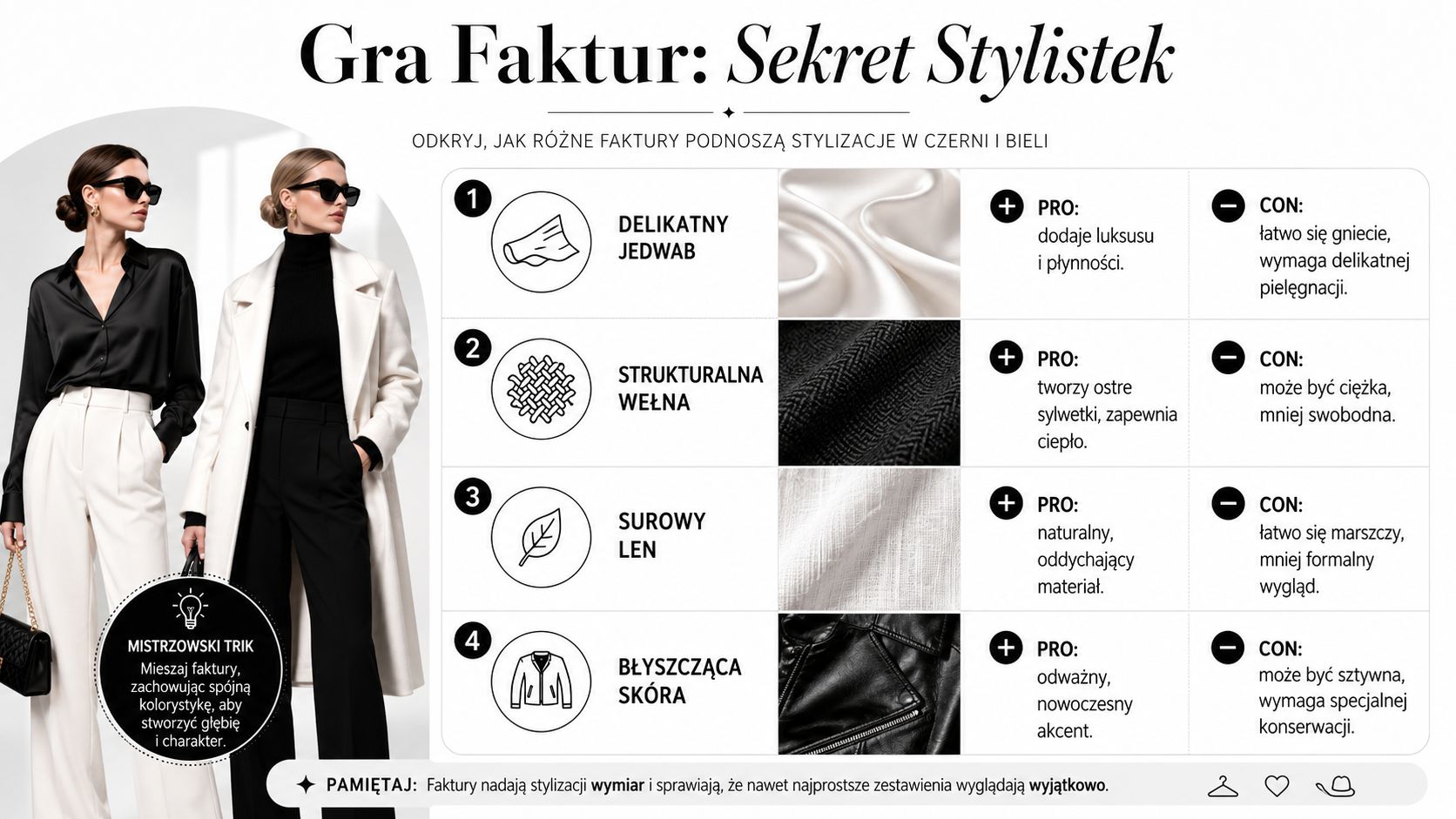 Infografika przedstawiająca zestawienie różnych faktur materiałów w monochromatycznych stylizacjach, ułatwiająca dobór ubrań w czerni i bieli.