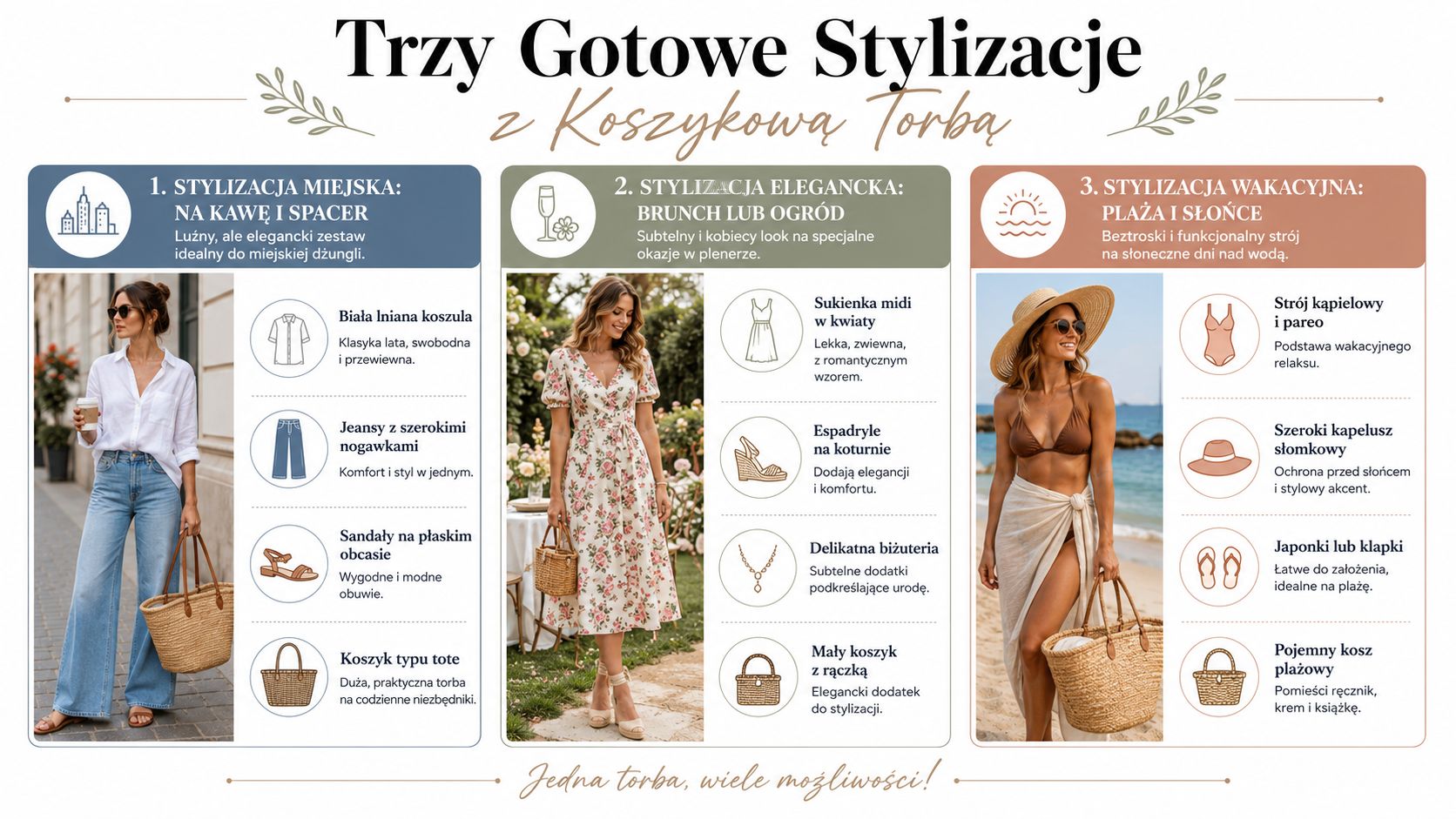 Infografika przedstawiająca trzy różnorodne stylizacje z modną koszykową torbą na różne okazje w ciągu dnia.