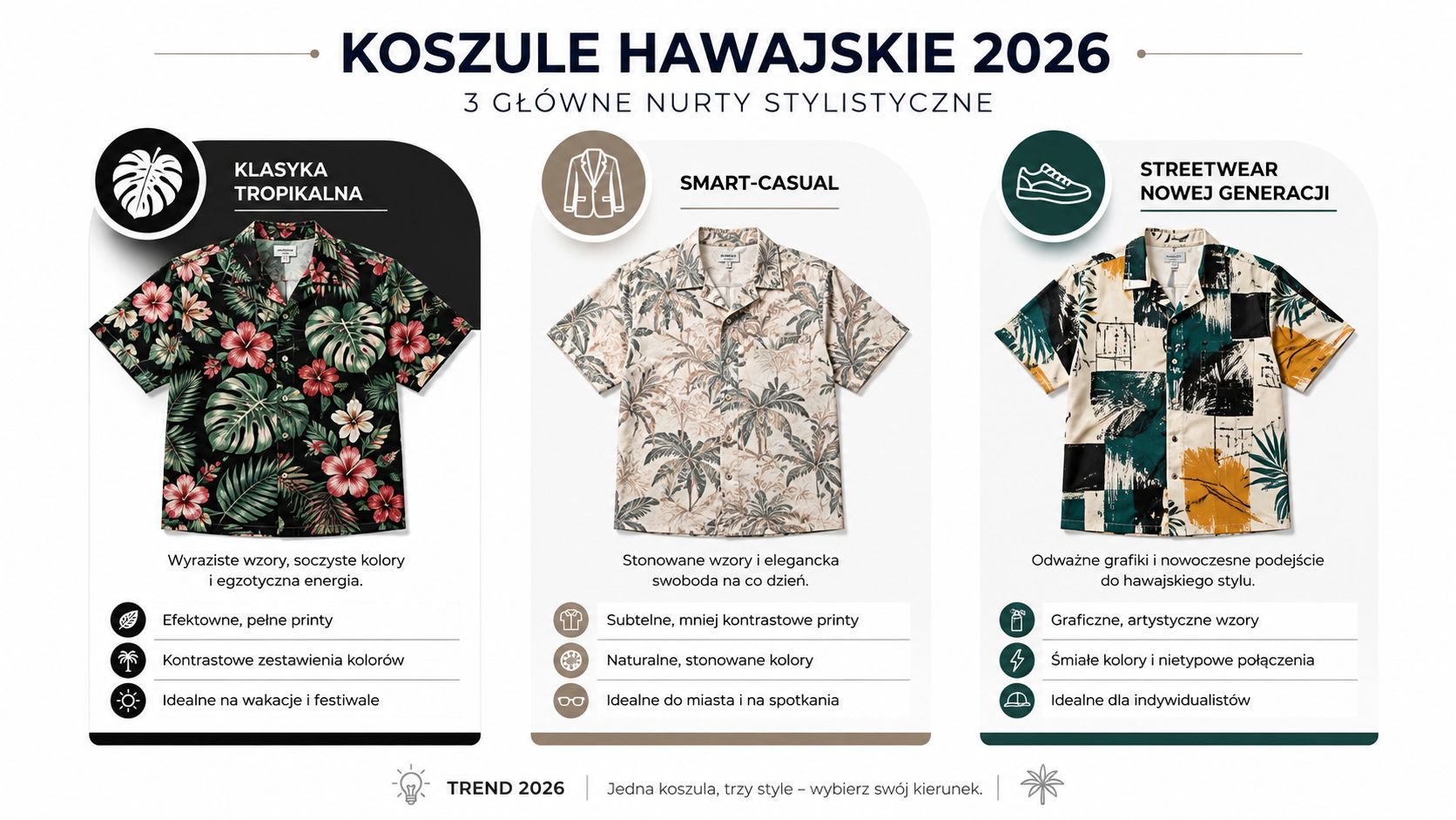Infografika przedstawiająca trzy główne nurty stylizacyjne męskich koszul hawajskich na rok 2026 w modzie letniej.