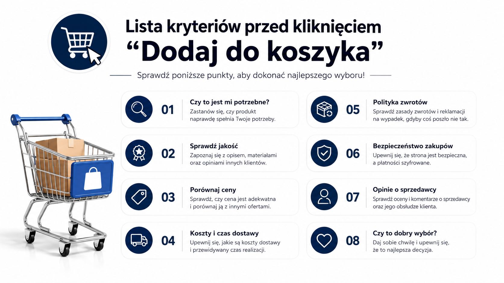 Lista ośmiu kluczowych kryteriów zakupowych, które warto sprawdzić przed dodaniem produktu do koszyka w sklepie internetowym.
