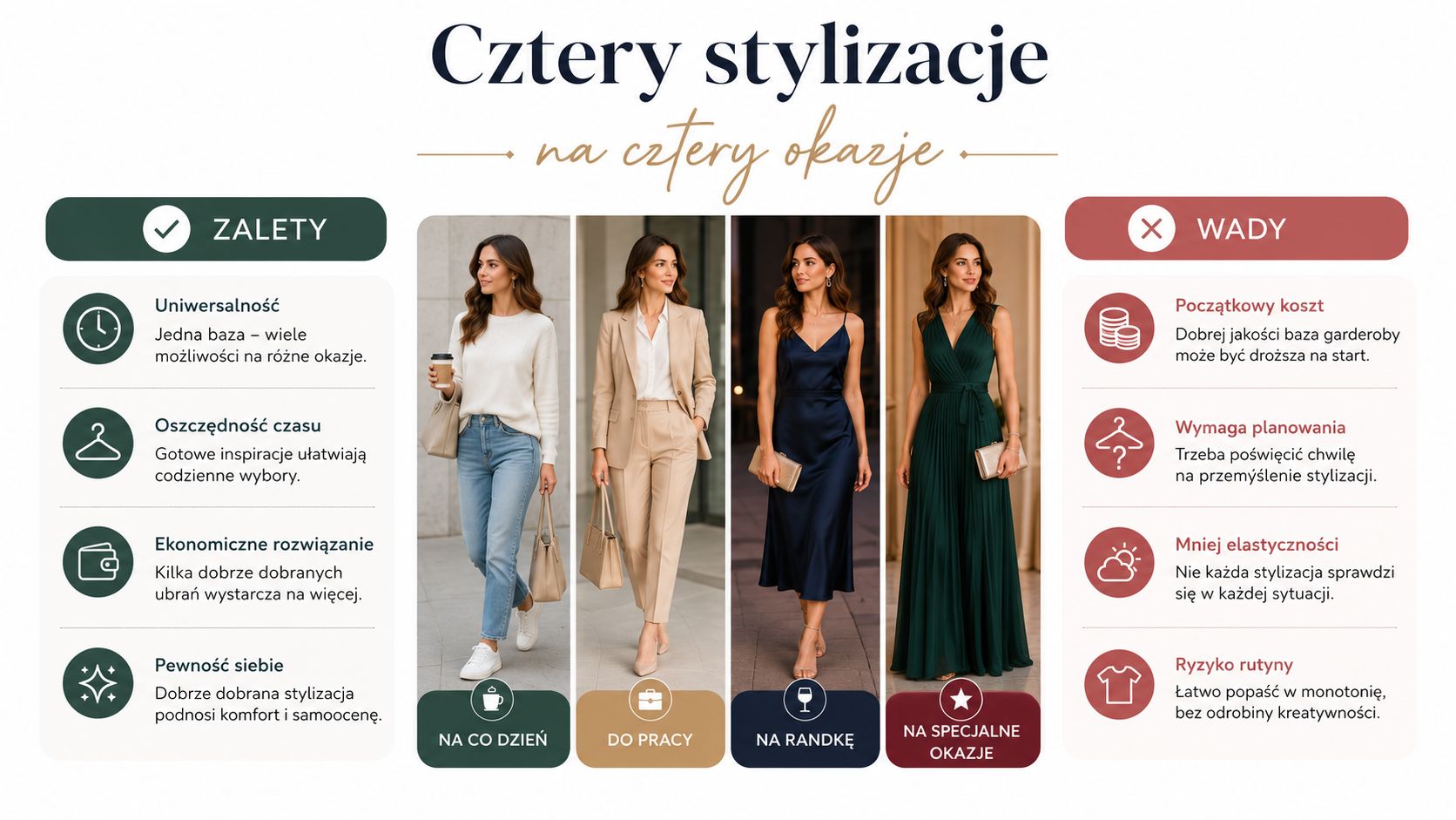 Infografika przedstawiająca cztery różne stylizacje kobiece, wraz z listą zalet oraz wad budowania kapsułowej garderoby.