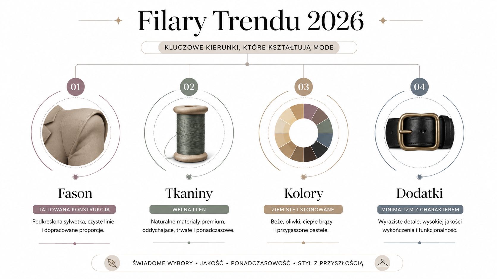 Infografika przedstawiająca cztery kluczowe filary trendów w modzie na rok 2026: fason, tkaniny, kolory oraz dodatki.