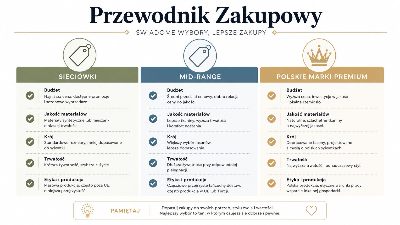 Przewodnik zakupowy porównujący cechy sieciówek, marek mid-range oraz polskich marek premium pod kątem budżetu i jakości.