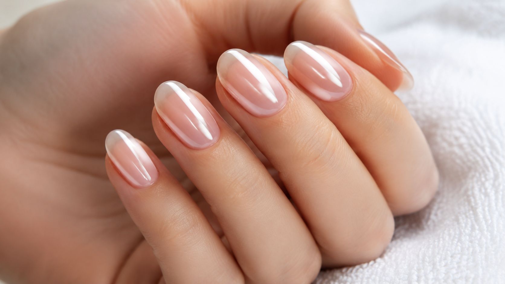 Zadbana dłoń z eleganckim, błyszczącym manicure w stylu lat 90. o naturalnym odcieniu na jasnym tle.