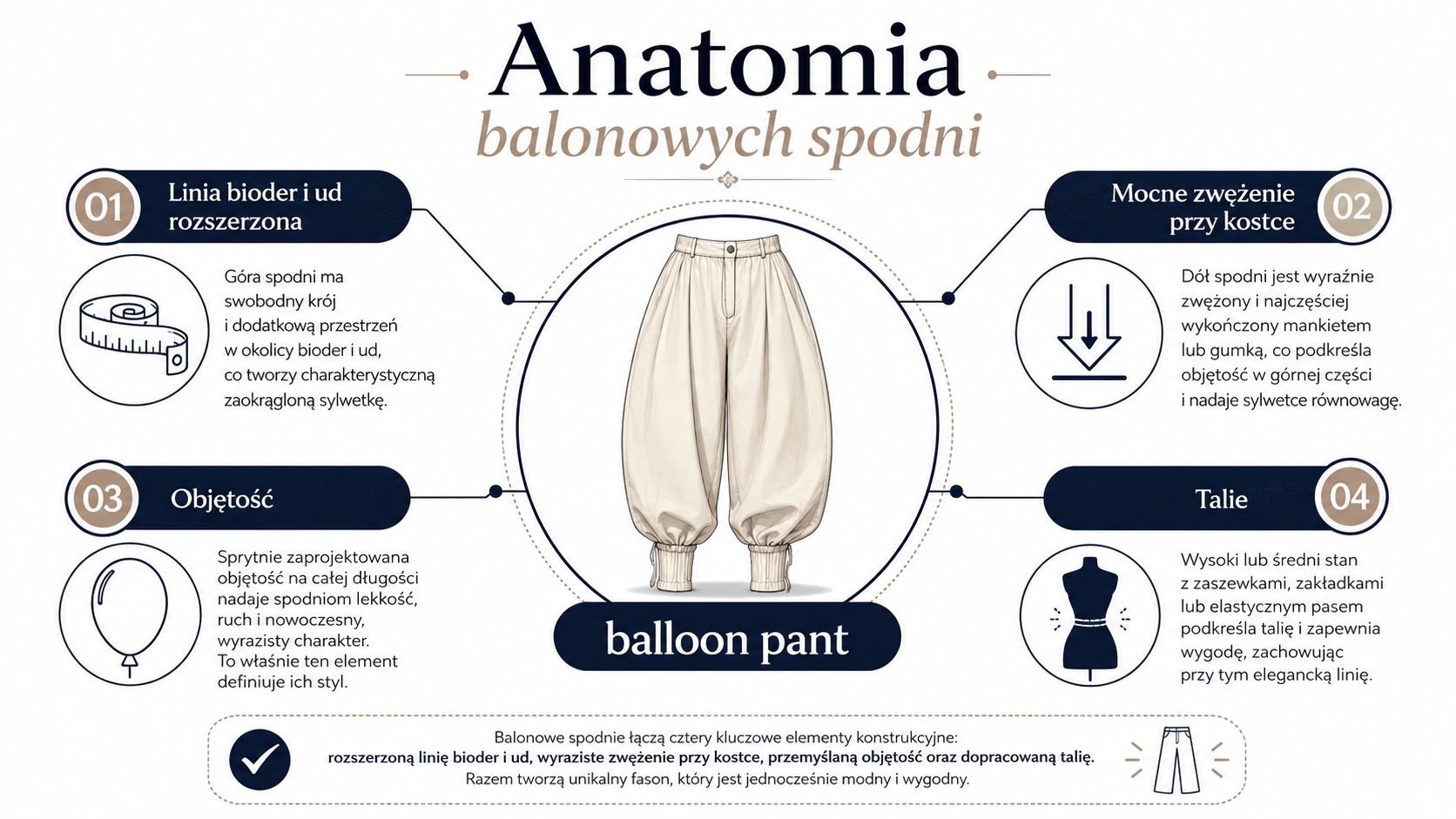 Grafika przedstawiająca anatomię spodni typu balonowego z opisem kluczowych cech konstrukcyjnych i estetycznych tego modelu odzieży.