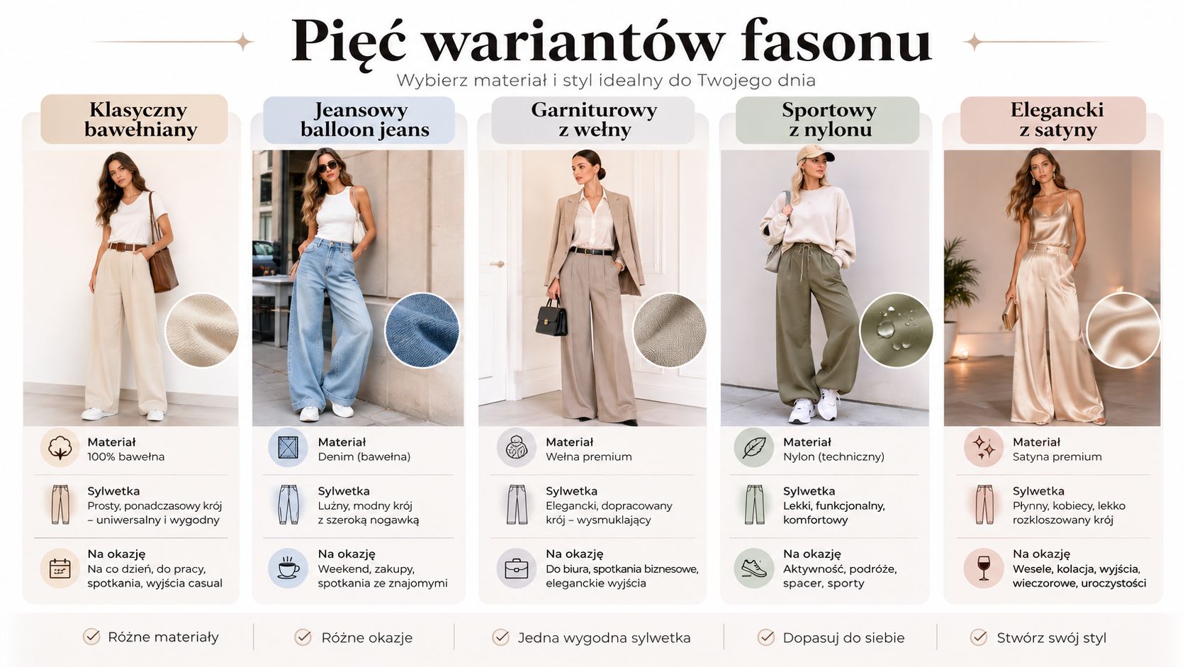 Pięć różnych wariantów stylizacji szerokich spodni z bawełny, jeansu, wełny, nylonu i satyny na różne okazje.