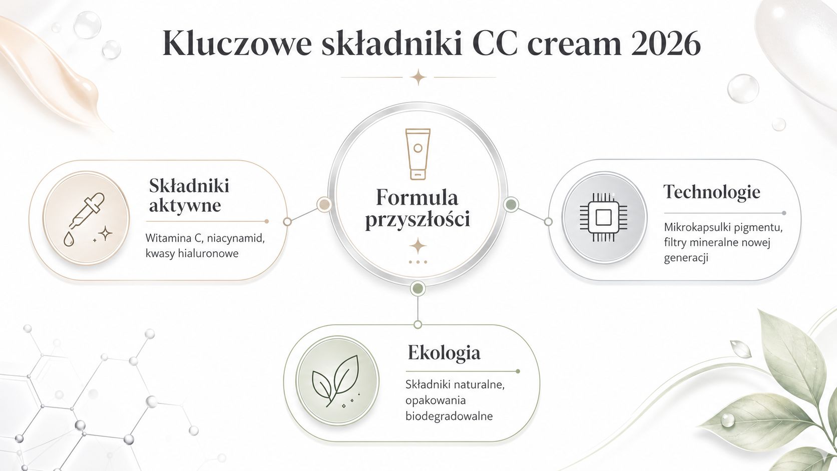 Infografika przedstawiająca kluczowe składniki i technologie nowoczesnego kremu CC planowanego na rok 2026 w przemyśle kosmetycznym.