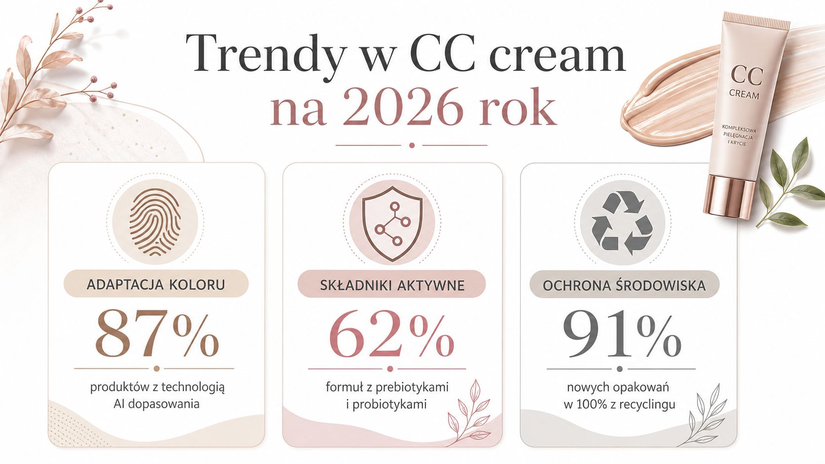 Infografika przedstawiająca najważniejsze trendy w kosmetykach typu CC cream przewidywane na rok 2026.
