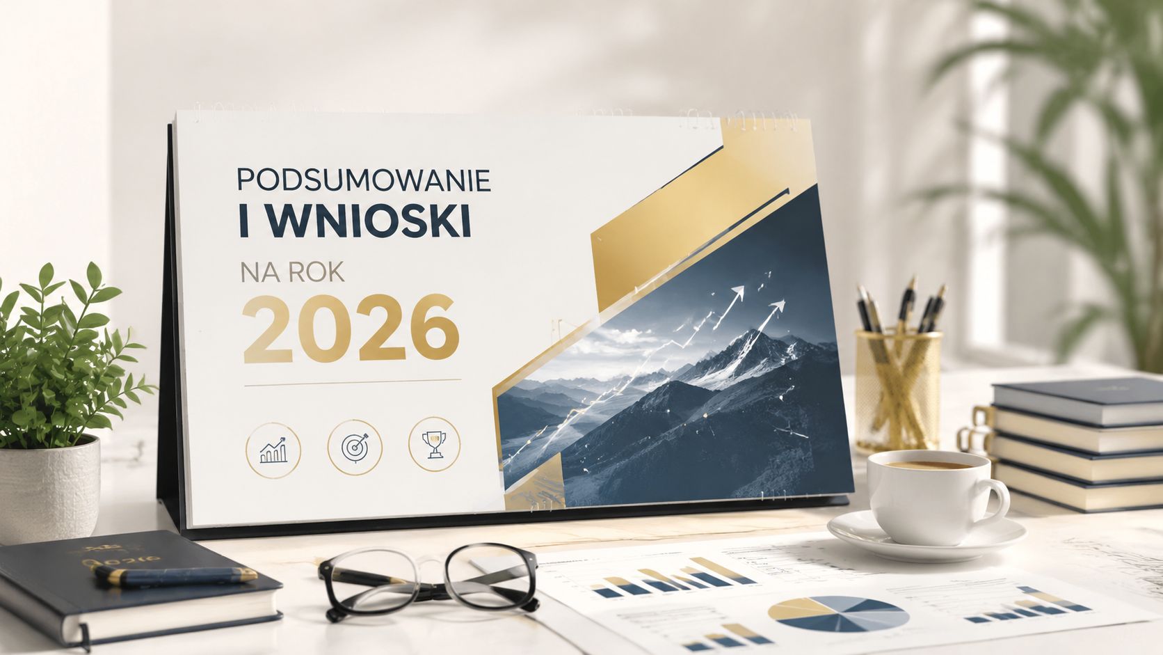 Biurko z kalendarzem na rok 2026, dokumentami, filiżanką kawy, okularami oraz rośliną w doniczce w biurowym otoczeniu.