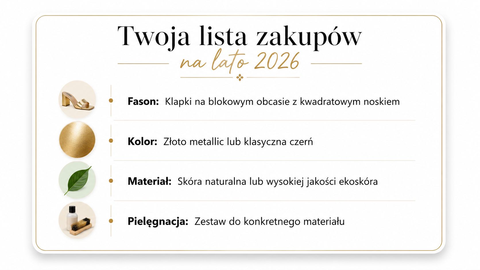 Grafika przedstawiająca listę zakupów na lato 2026 z wytycznymi dotyczącymi wyboru klapek na obcasie.