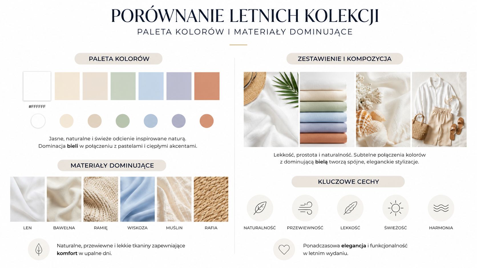 Infografika przedstawiająca paletę kolorów, materiały oraz kluczowe cechy letnich kolekcji odzieżowych, podkreślająca lekkość, naturalność i elegancję.