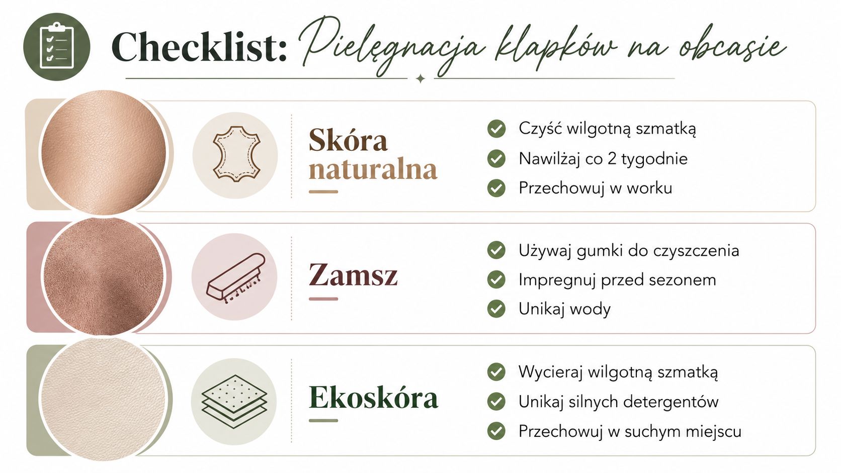 Poradnik w formie grafiki przedstawiający instrukcję pielęgnacji klapków na obcasie wykonanych ze skóry naturalnej, zamszu oraz ekoskóry.