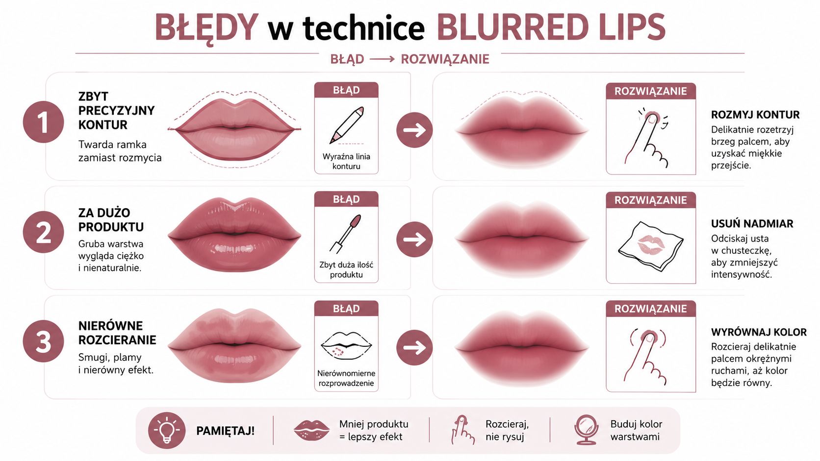 Infografika przedstawiająca trzy główne błędy w makijażu ust techniką blurred lips oraz wskazówki jak je poprawnie naprawić.