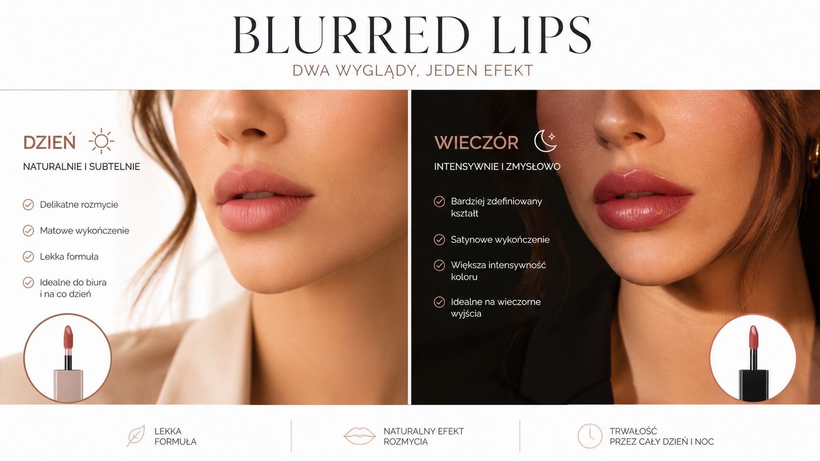Porównanie dwóch makijaży ust: delikatny dzienny wygląd oraz intensywny wieczorowy efekt z użyciem pomadki typu blurred lips.