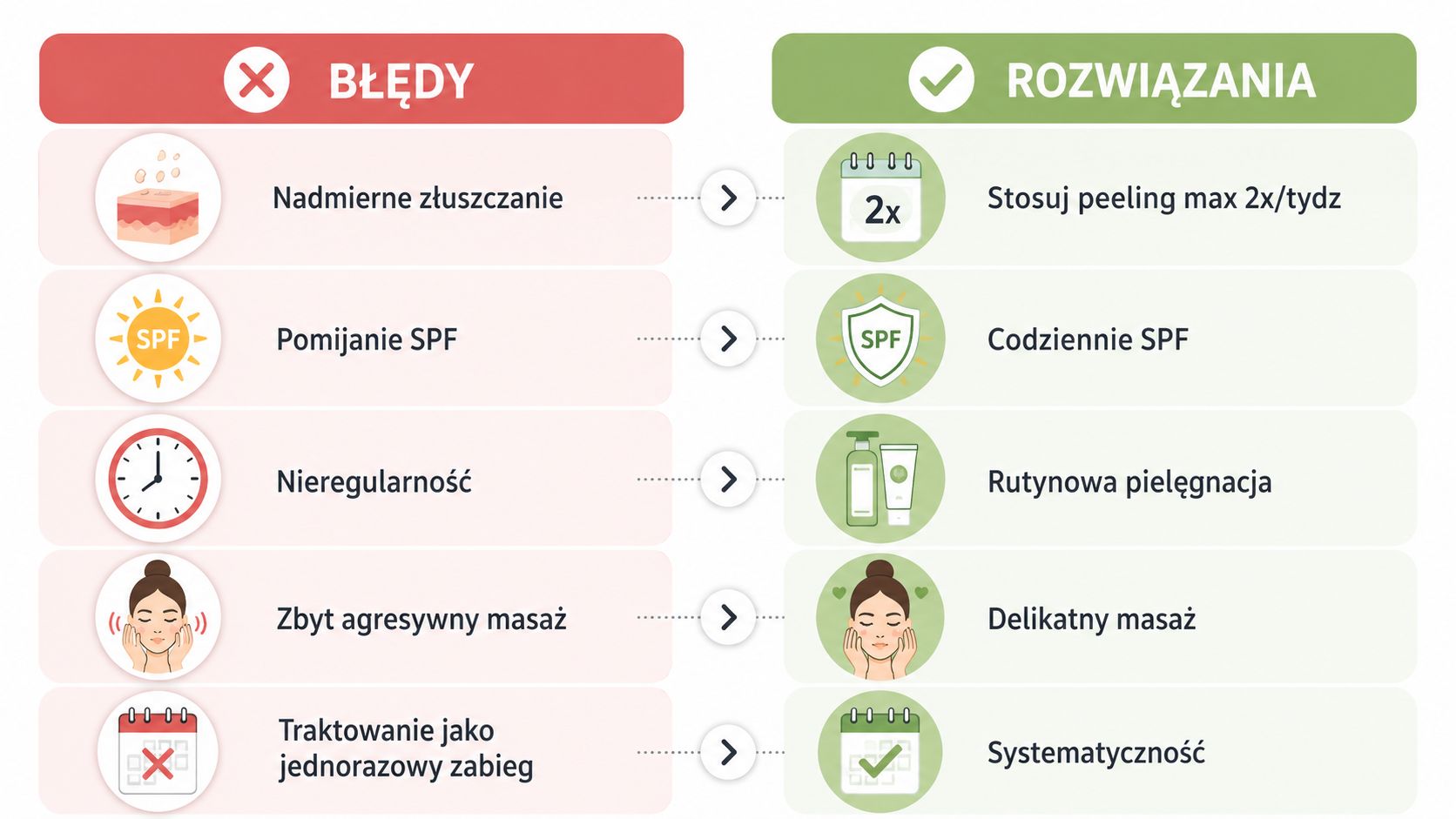 Infografika przedstawiająca najczęstsze błędy w pielęgnacji skóry oraz sprawdzone rozwiązania dla zdrowej i pięknej cery.