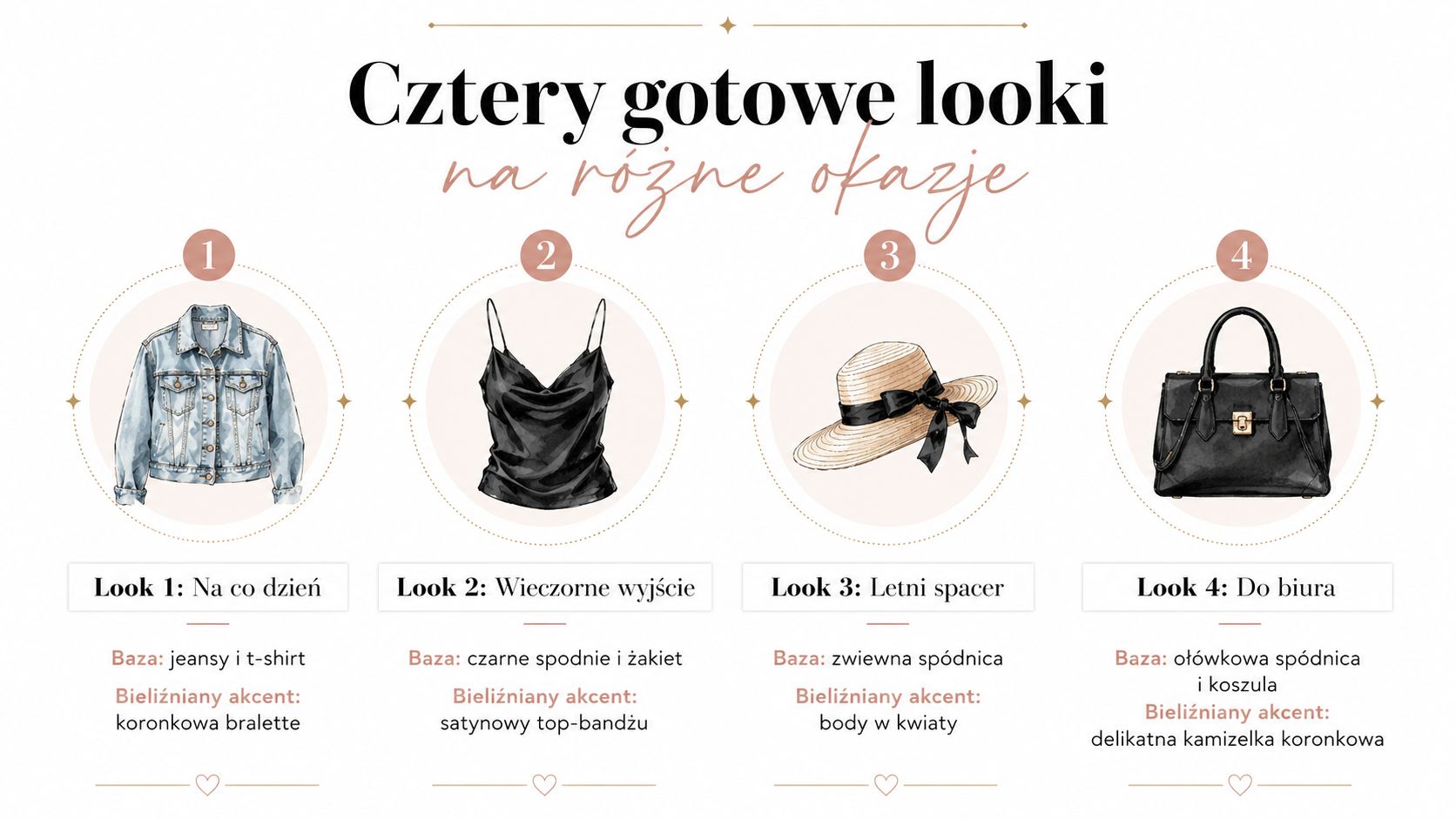 Grafika prezentująca cztery stylizacje modowe łączące elementy bieliźniane z codzienną odzieżą na różne okazje w roku.