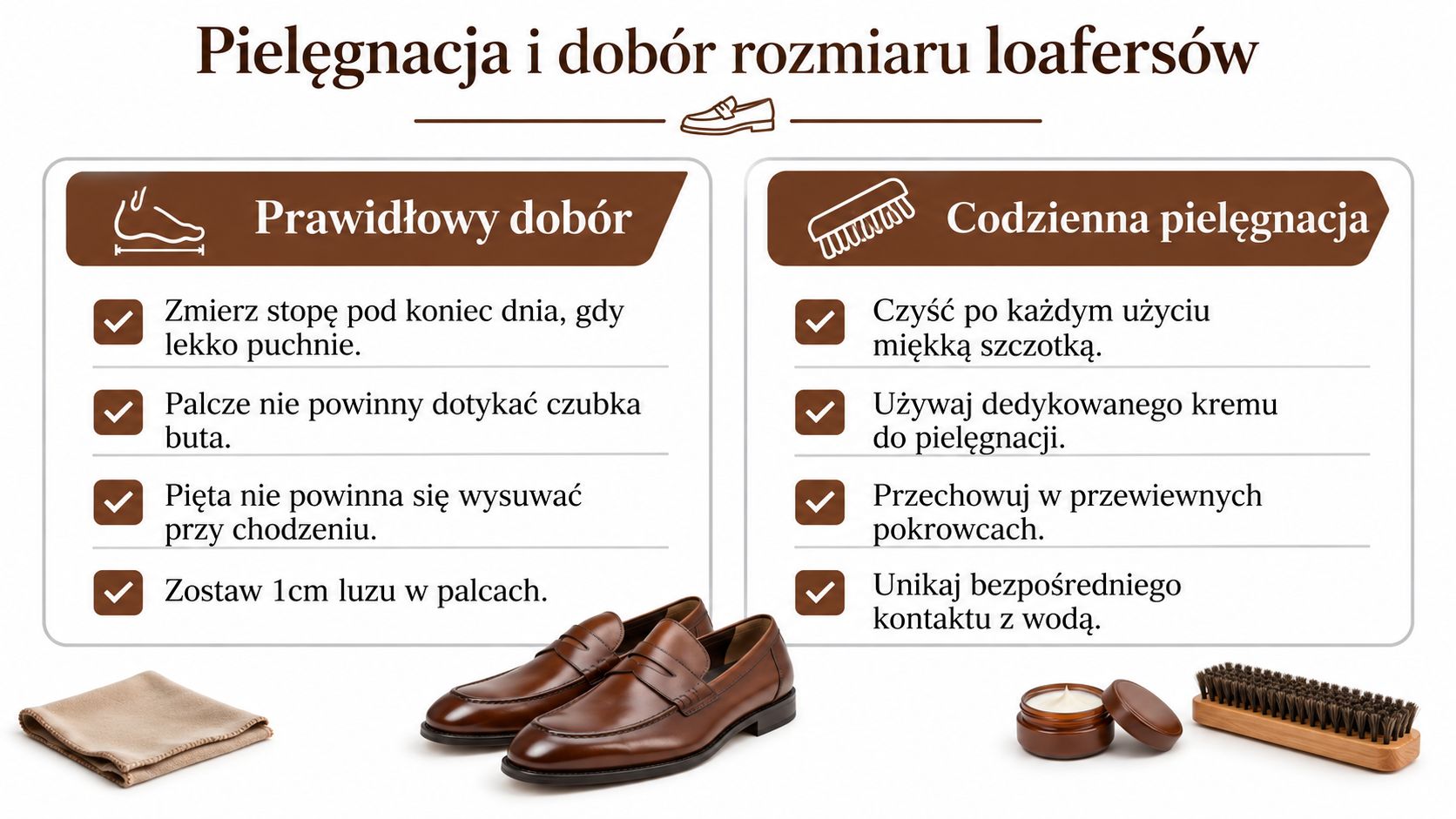 Poradnik w języku polskim dotyczący wyboru odpowiedniego rozmiaru męskich loafersów oraz ich codziennej pielęgnacji i konserwacji obuwia.