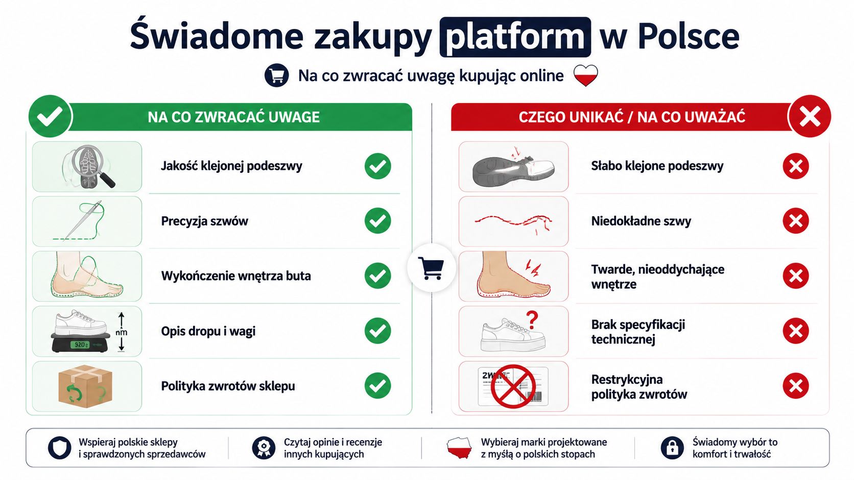 Infografika przedstawiająca porady dotyczące świadomego zakupu butów online, wskazująca na co zwrócić uwagę oraz czego unikać.