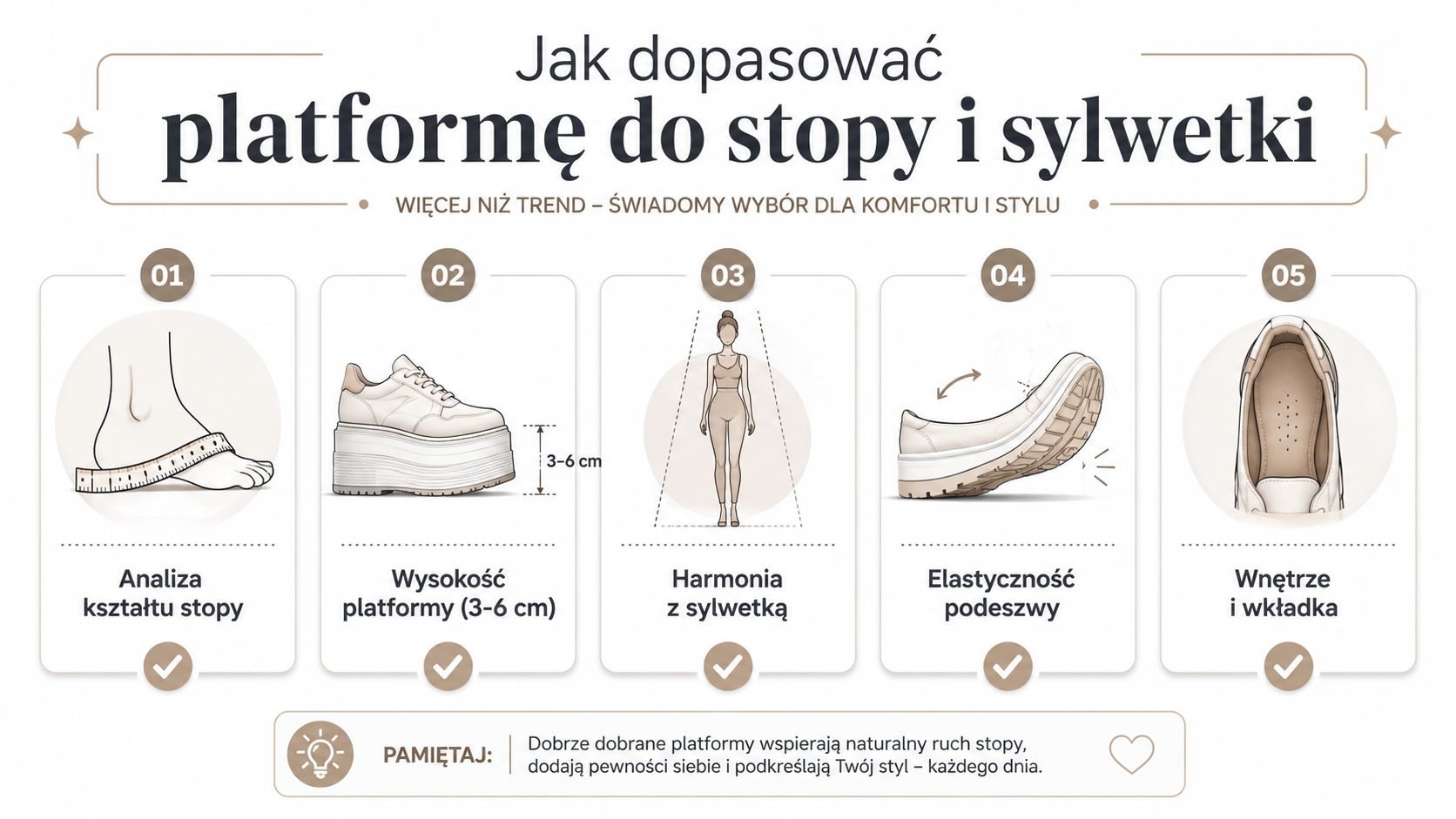 Infografika pokazująca pięć kroków jak dopasować wygodne buty na platformie do kształtu stopy oraz sylwetki.