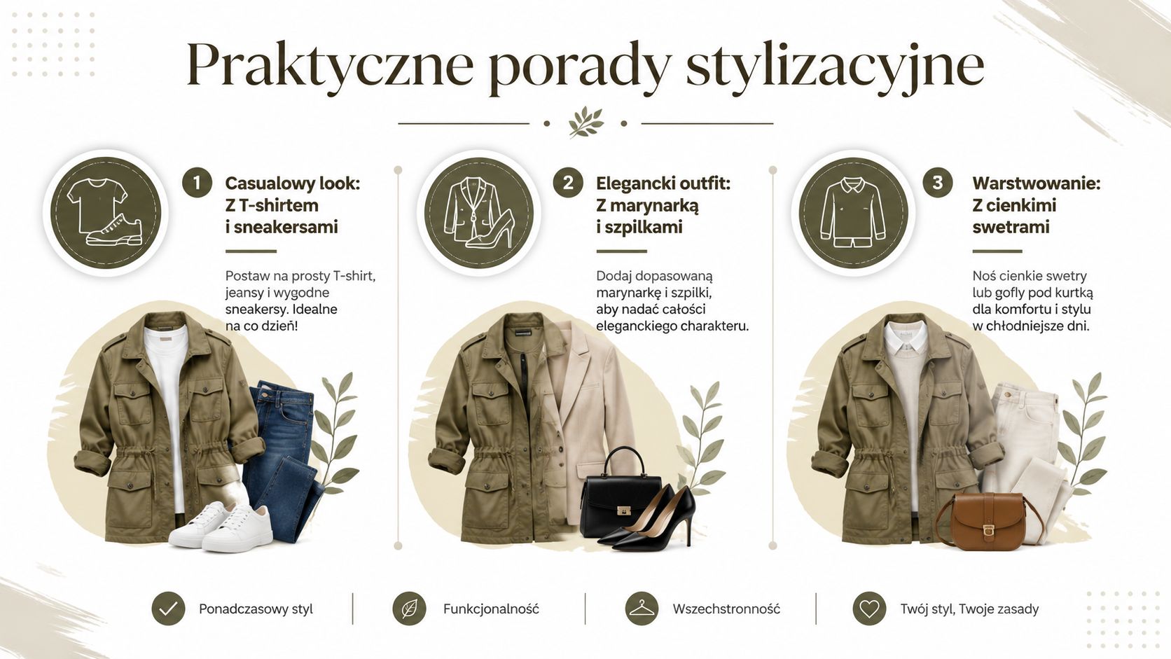 Porady stylizacyjne prezentujące trzy różne sposoby łączenia kurtki safari z codzienną garderobą, jeansami, marynarką i swetrami.