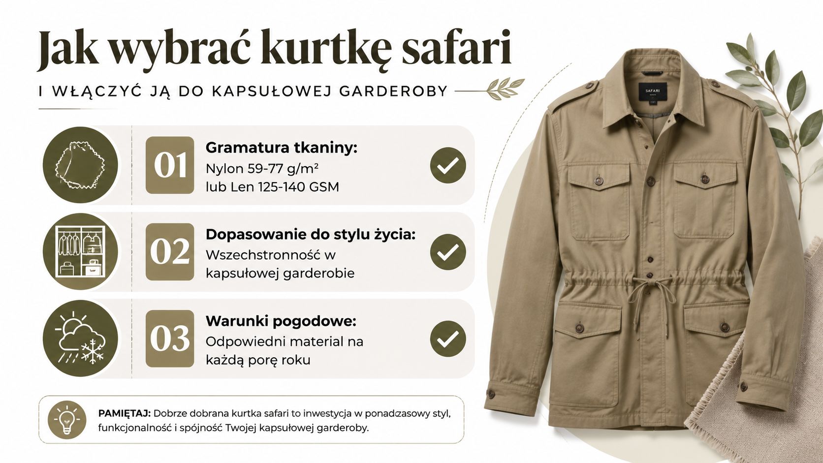 Poradnik dotyczący wyboru kurtki safari, przedstawiający trzy kluczowe aspekty dla stworzenia kapsułowej garderoby w stylu casual.