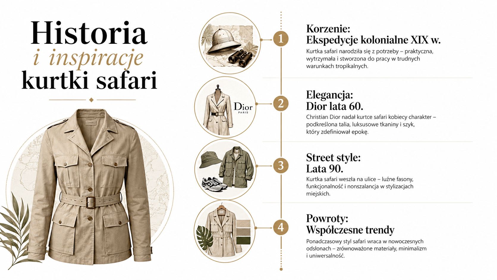 Infografika przedstawiająca historię i ewolucję mody kurtki safari od ekspedycji kolonialnych po współczesne trendy miejskie.