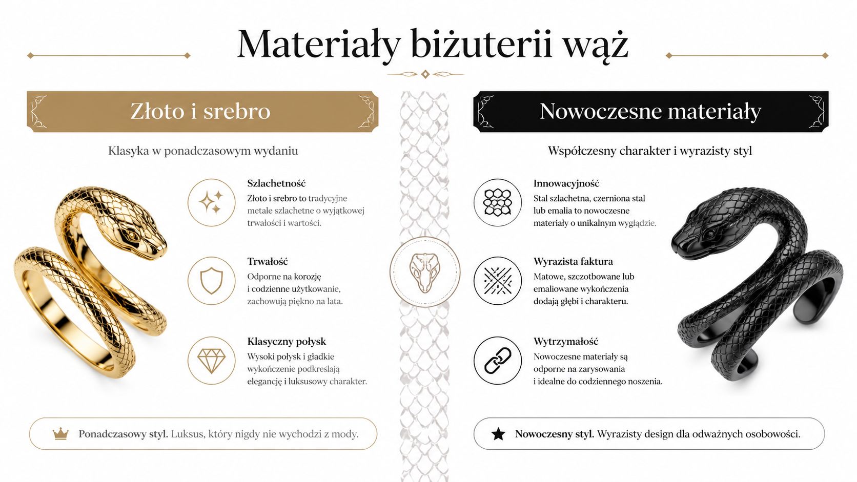 Porównanie cech biżuterii z motywem węża wykonanej ze złota, srebra oraz nowoczesnych materiałów takich jak stal.