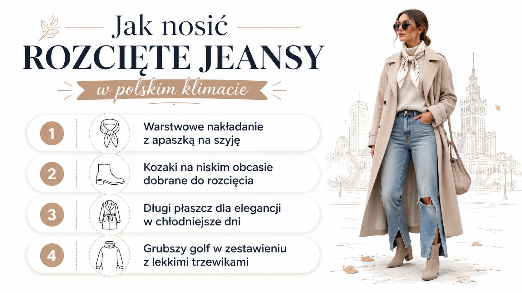Stylowa kobieta w płaszczu i jeansach z rozciętymi nogawkami oraz infografika o stylizacjach na chłodniejsze dni.