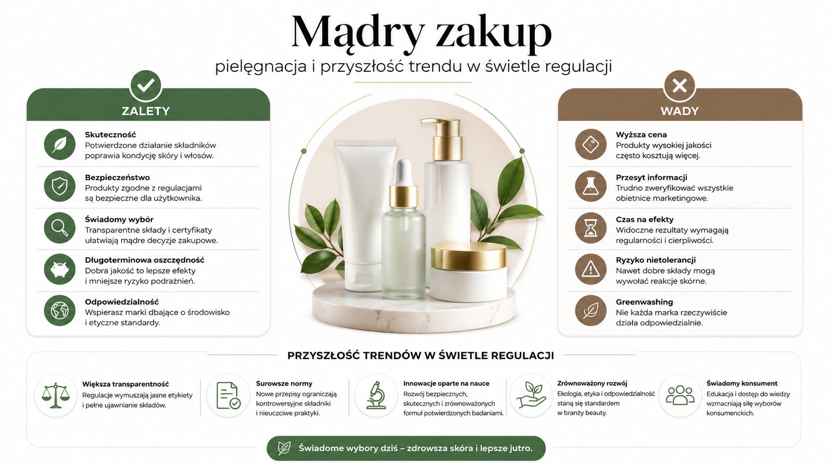 Infografika przedstawiająca zalety, wady oraz przyszłe trendy w świadomym zakupie kosmetyków w obliczu nowych regulacji prawnych.