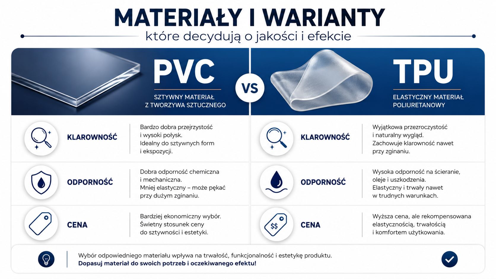 Porównanie właściwości materiałów PVC i TPU, opisujące ich przezroczystość, odporność oraz cenę dla celów produkcyjnych.