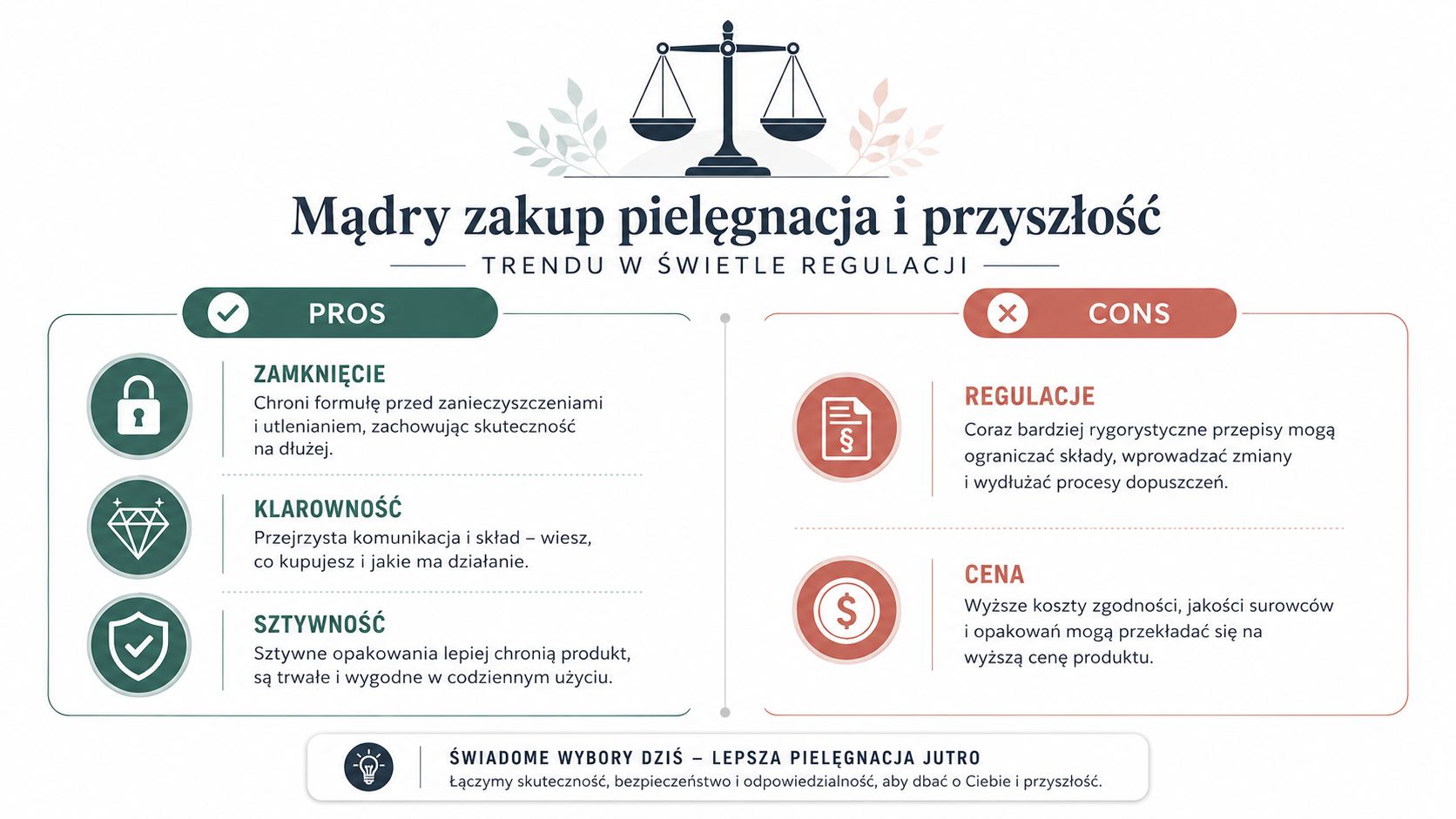 Infografika przedstawiająca zalety i wady nowoczesnych trendów w pielęgnacji skóry w świetle obowiązujących regulacji prawnych.
