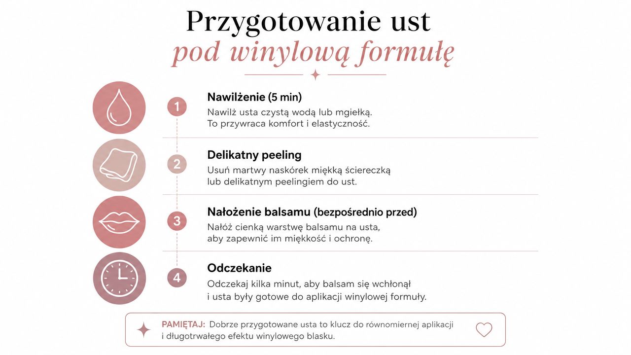 Instrukcja krok po kroku jak przygotować usta do aplikacji błyszczącej pomadki winylowej, zapewniając trwały i piękny efekt.