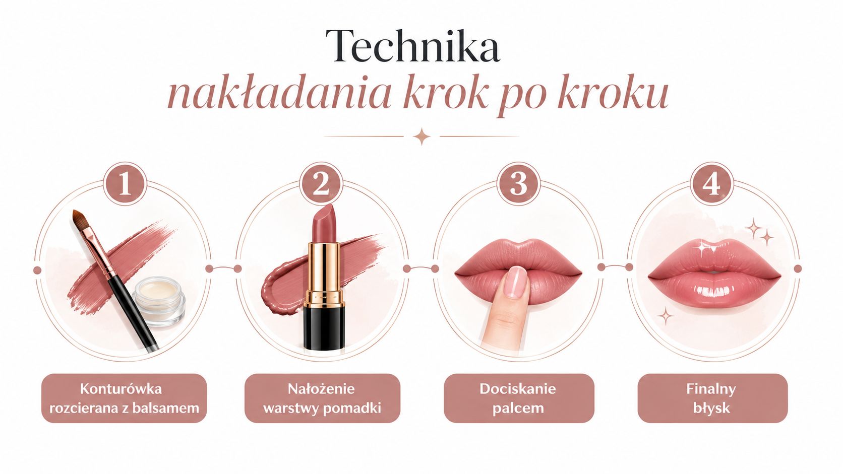 Instrukcja krok po kroku jak wykonać modny makijaż ust z efektem winylowego wykończenia za pomocą pędzla i pomadki.