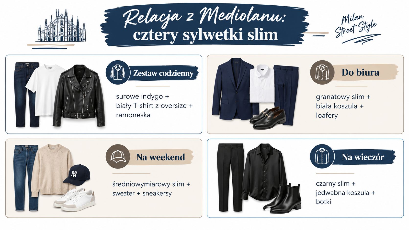 Cztery stylizacje męskie ze spodniami o kroju slim, obejmujące zestaw codzienny, do biura, na weekend i wieczór.