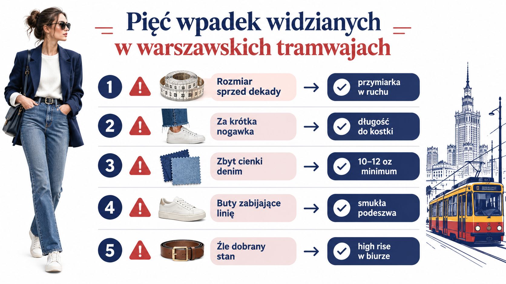 Infografika przedstawiająca pięć najczęstszych błędów w doborze jeansów, zilustrowana przykładami oraz poradami dotyczącymi stylizacji w miejskim otoczeniu.