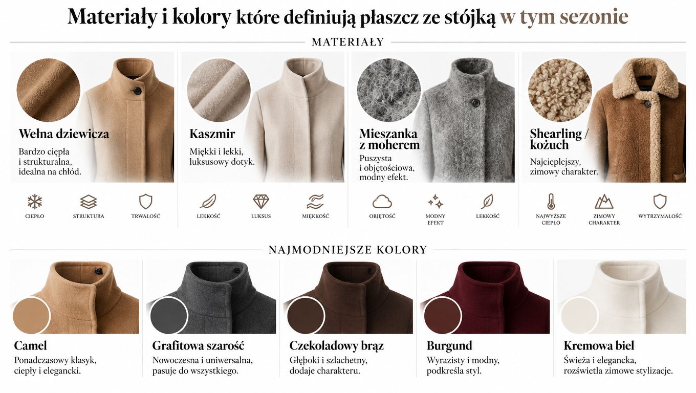 Zestawienie najmodniejszych materiałów i kolorów płaszczy ze stójką na sezon jesienno-zimowy wraz z opisami cech.