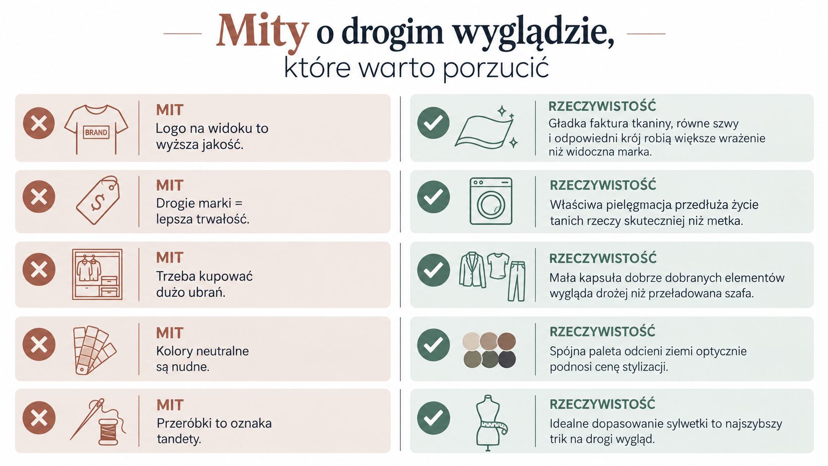 Tabela porównująca popularne mity na temat drogiego wyglądu z rzeczywistością, zawierająca praktyczne wskazówki dotyczące mody i stylu.