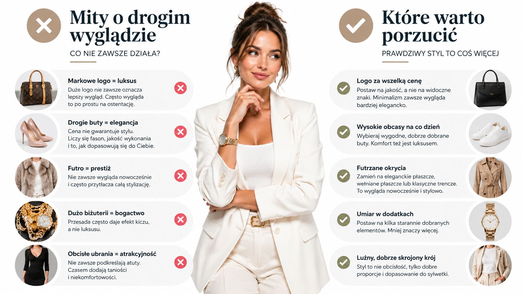 Porównanie modowych mitów o drogim wyglądzie oraz praktycznych wskazówek, jak wyglądać elegancko i stylowo na co dzień.