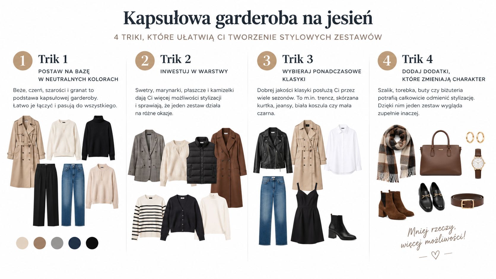 Poradnik dotyczący tworzenia kapsułowej garderoby na jesień, prezentujący cztery proste wskazówki oraz przykładowe zestawienia ubrań i dodatków.