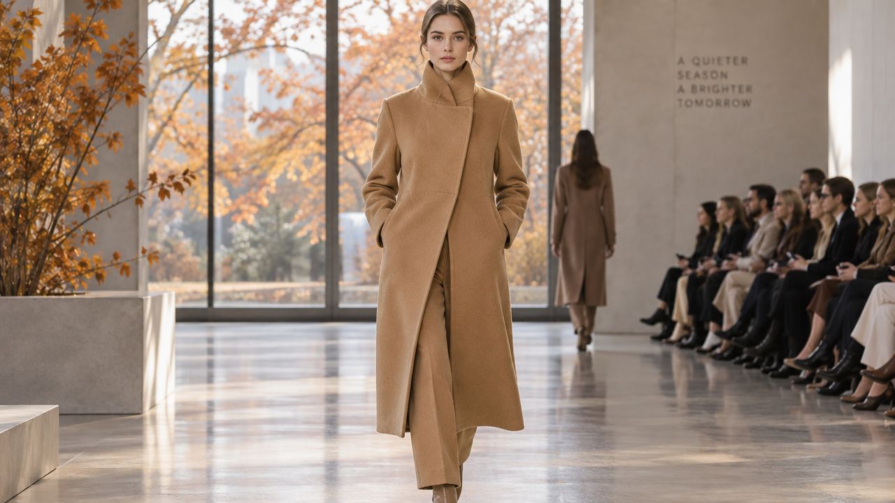 Modelka w eleganckim płaszczu w kolorze wielbłądzim spaceruje po wybiegu podczas jesiennego pokazu mody w nowoczesnym wnętrzu.