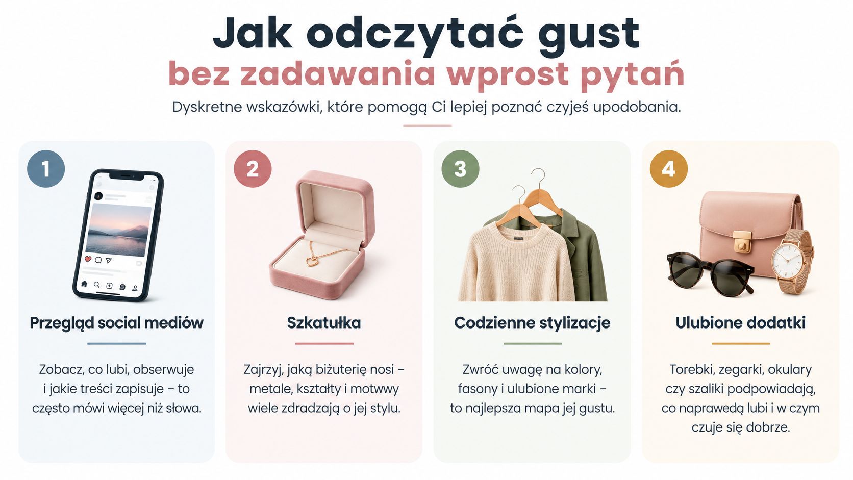 Grafika przedstawiająca cztery proste sposoby na rozpoznanie gustu bliskiej osoby bez zadawania bezpośrednich pytań.