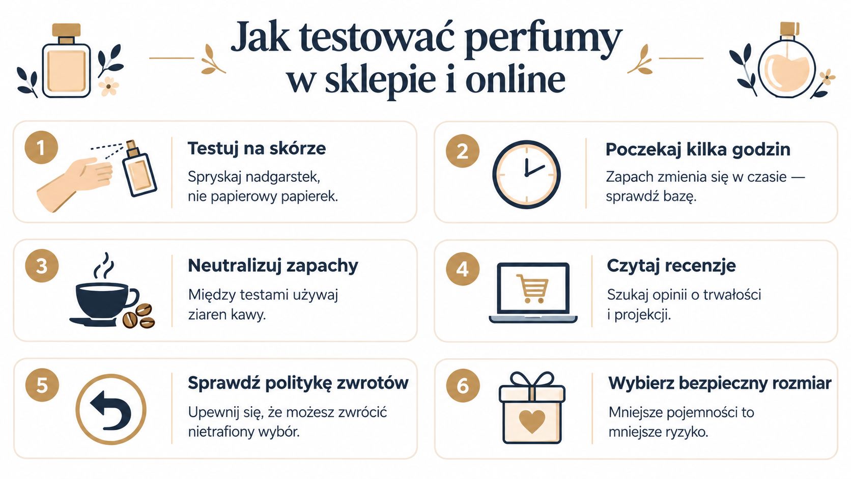 Infografika przedstawiająca sześć praktycznych porad dotyczących testowania perfum w sklepach stacjonarnych oraz zakupów zapachów przez internet.