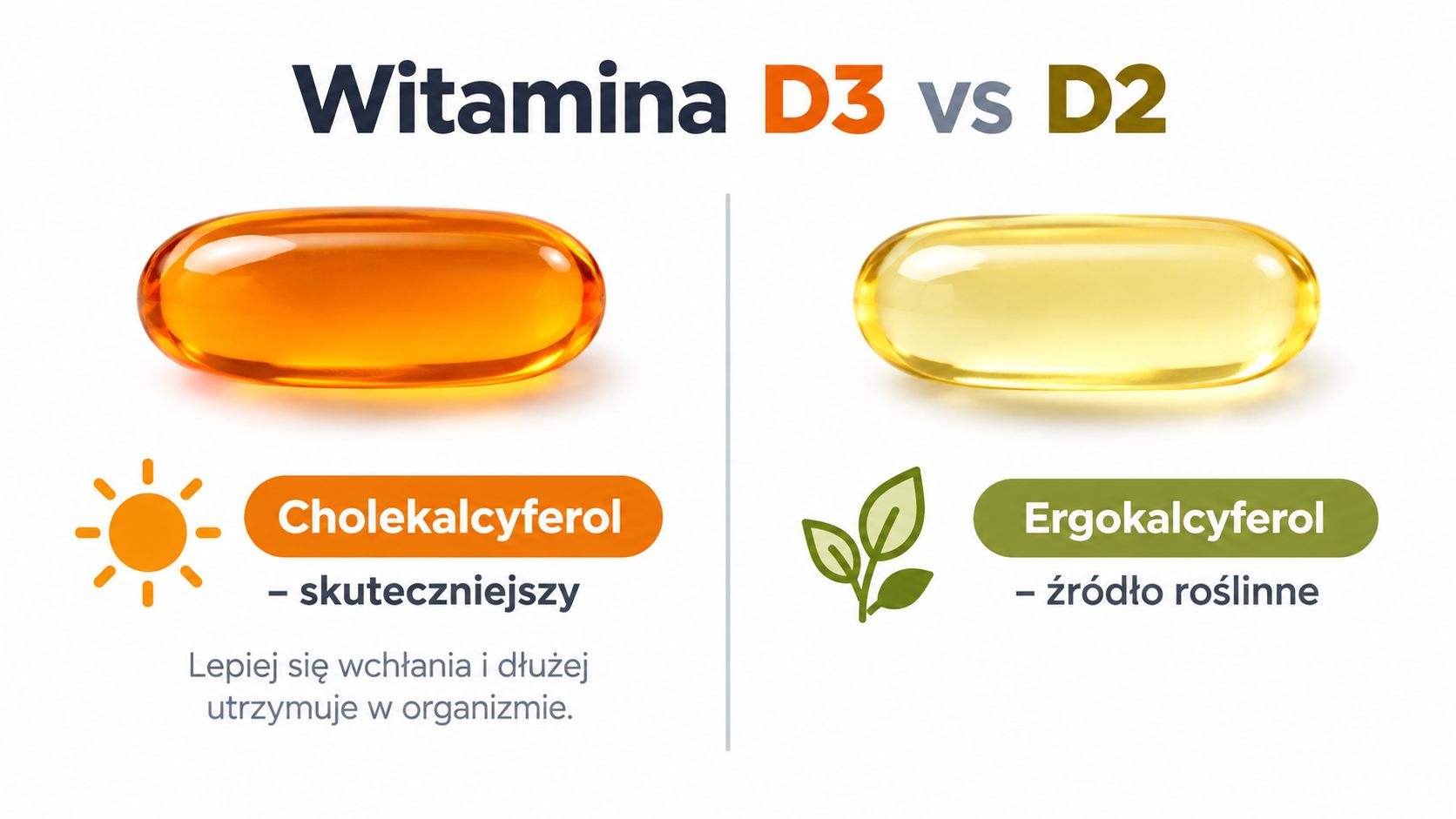 Porównanie witaminy D3 i D2 przedstawione w formie graficznej z opisem ich właściwości i źródeł.