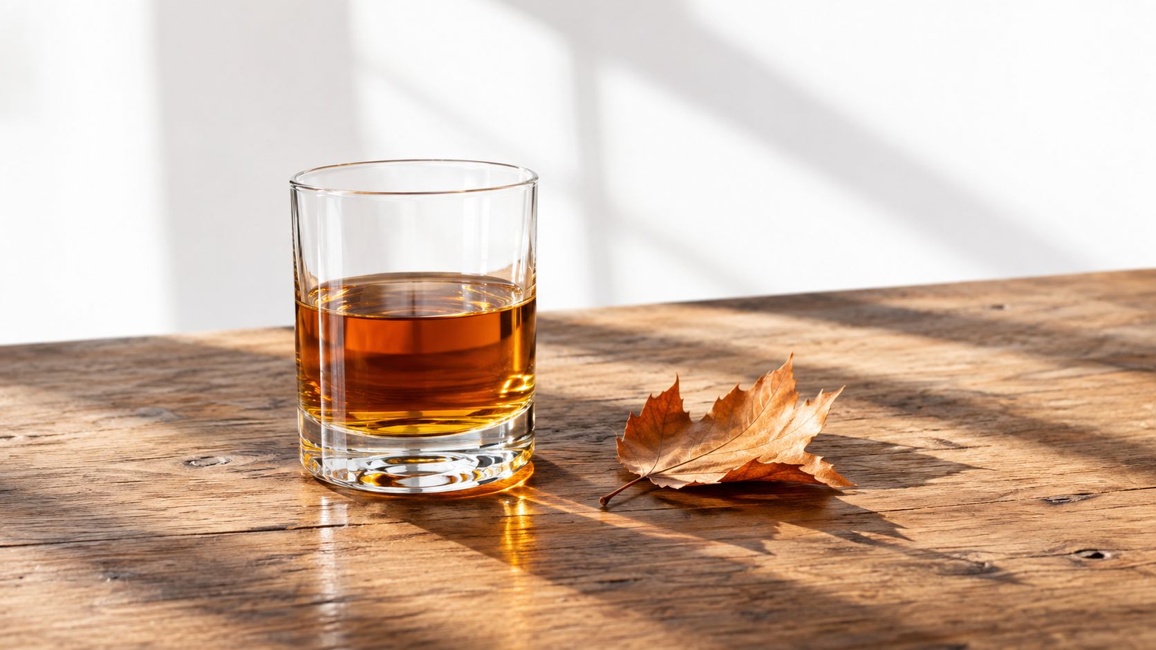 Szklanka bursztynowego alkoholu stoi obok suchego liścia na drewnianym stole w jesiennym świetle słonecznym.